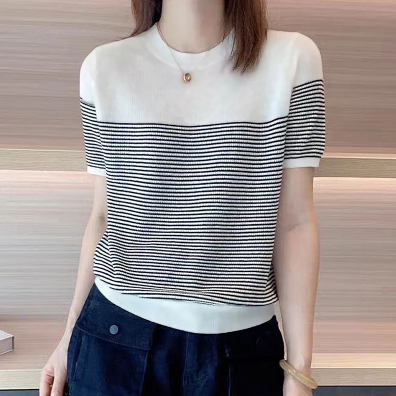 ZANZEA Women Summer T Shirt Vintage Striped Short Sleeve Tee Korean Fashion Round Neck Patchwork Tunics Casual Knitted Tops (image for) ZANZEA Women Summer T Shirt Vintage Striped Short Sleeve Tee Korean Fashion Round Neck Patchwork Tunics Casual Knitted Tops